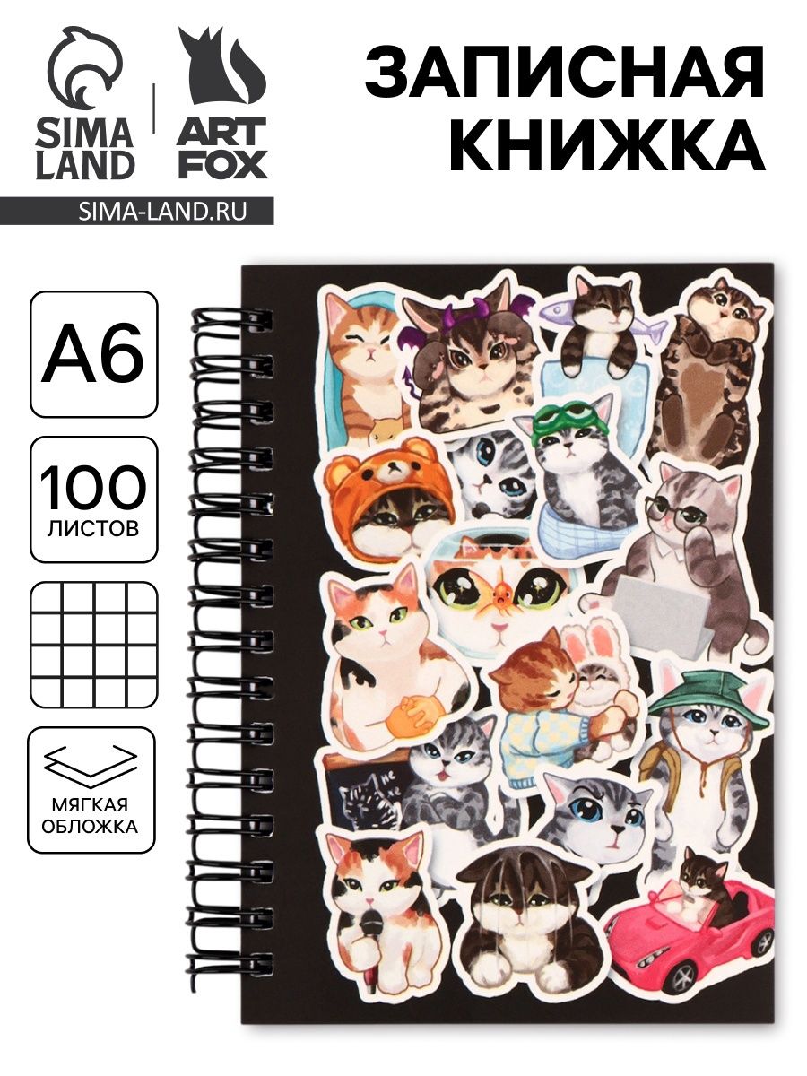 Блокнот А6, 100 листов, в клетку "Мемные коты"