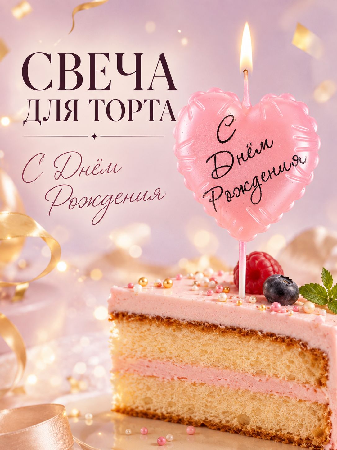 Свеча в торт С Днем Рождения / Розовая / Сердечко / 9 см