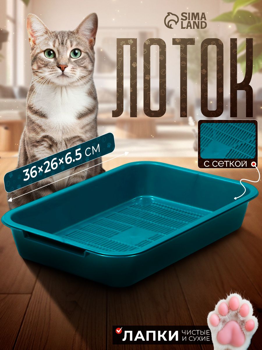 Лоток для кошек средний с сеткой, 36*26*6,5 см, бирюзовый