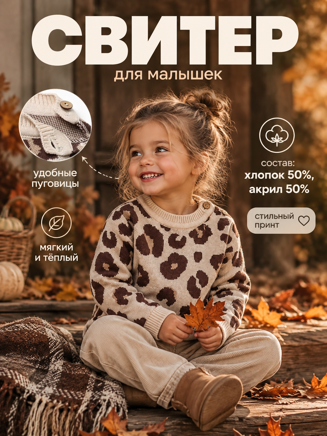 Джемпер для малышей вязаный Крошка Я леопардовый для девочек, детский свитер, 86-92 см
