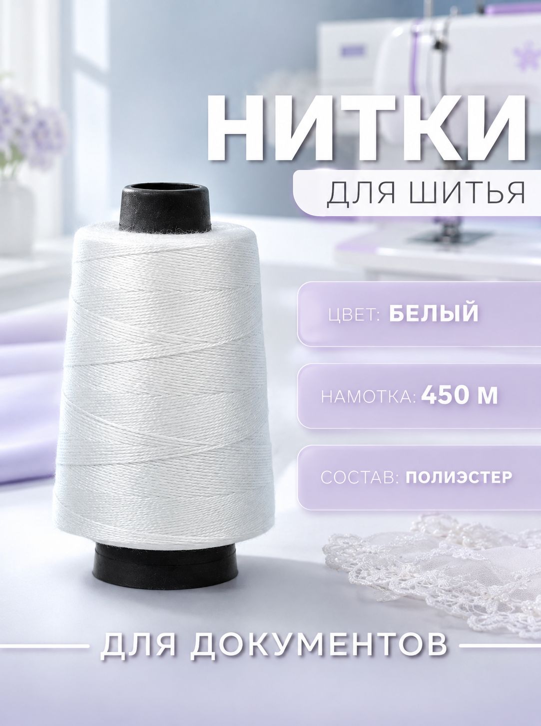 Нитки для шитья и прошивки документов, 450 м, белые