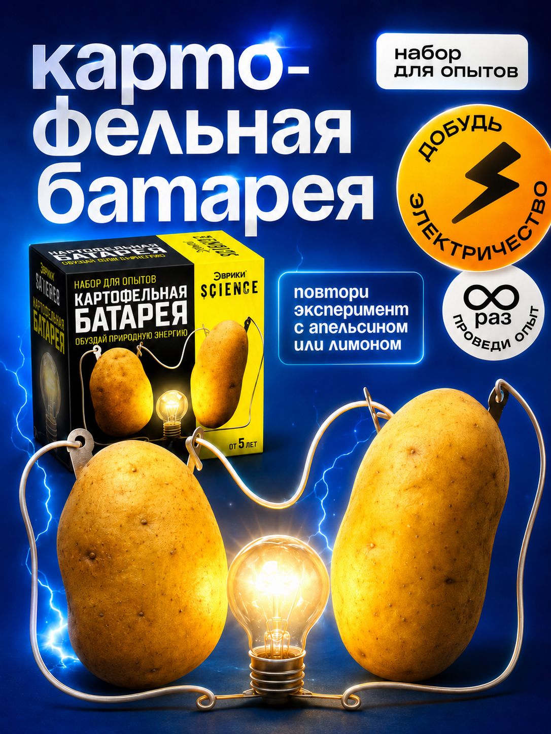 Набор для опытов "Картофельная батарейка", опыты для детей
