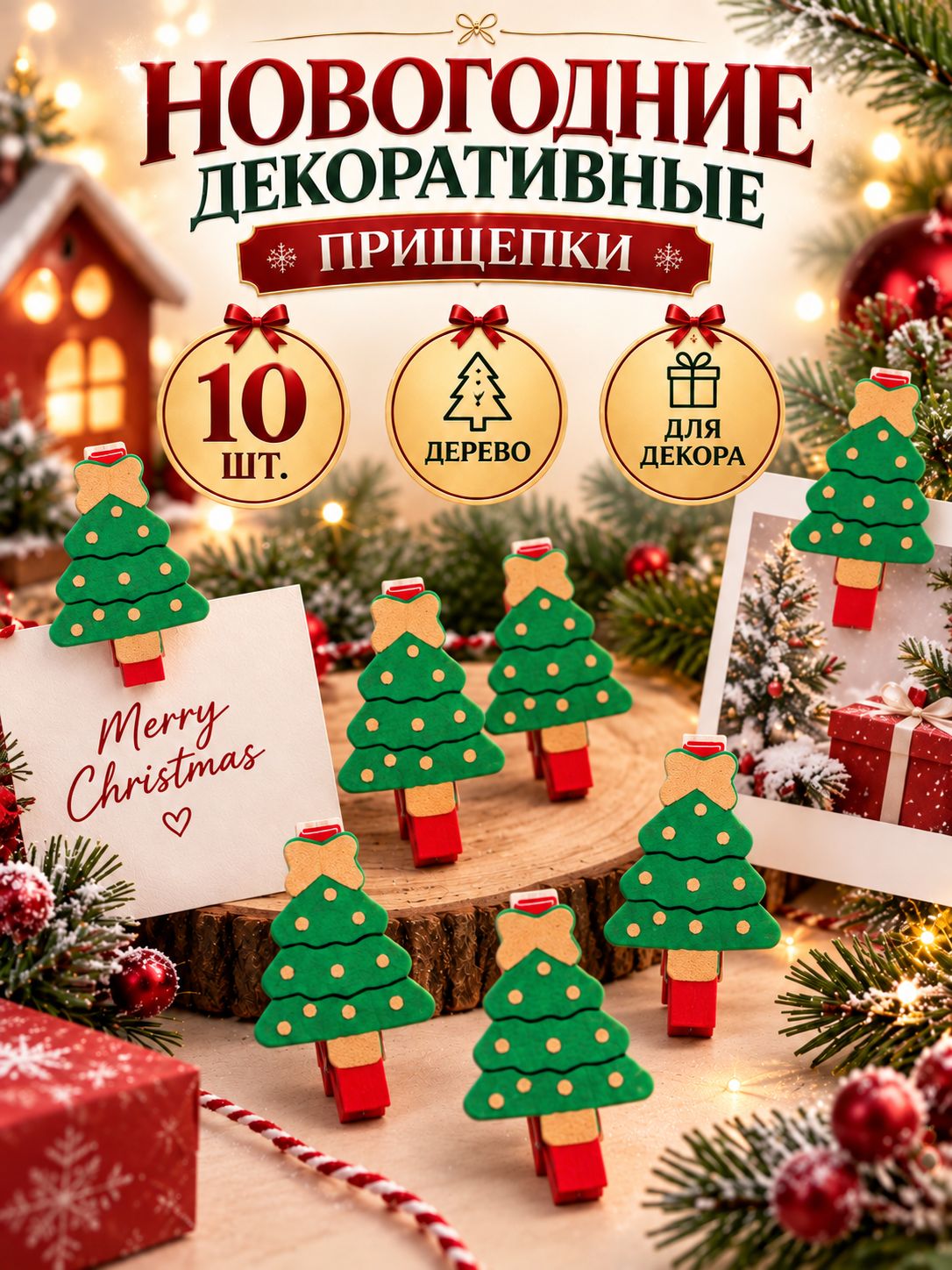 Прищепки декоративные, 10 штук, "Елочка", новогодние прищепки для открыток и фото