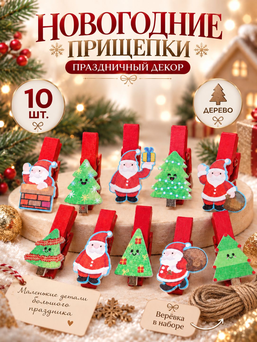 Прищепки декоративные, 10 штук, "Елочка и Дед Мороз", новогодние прищепки для открыток и фото