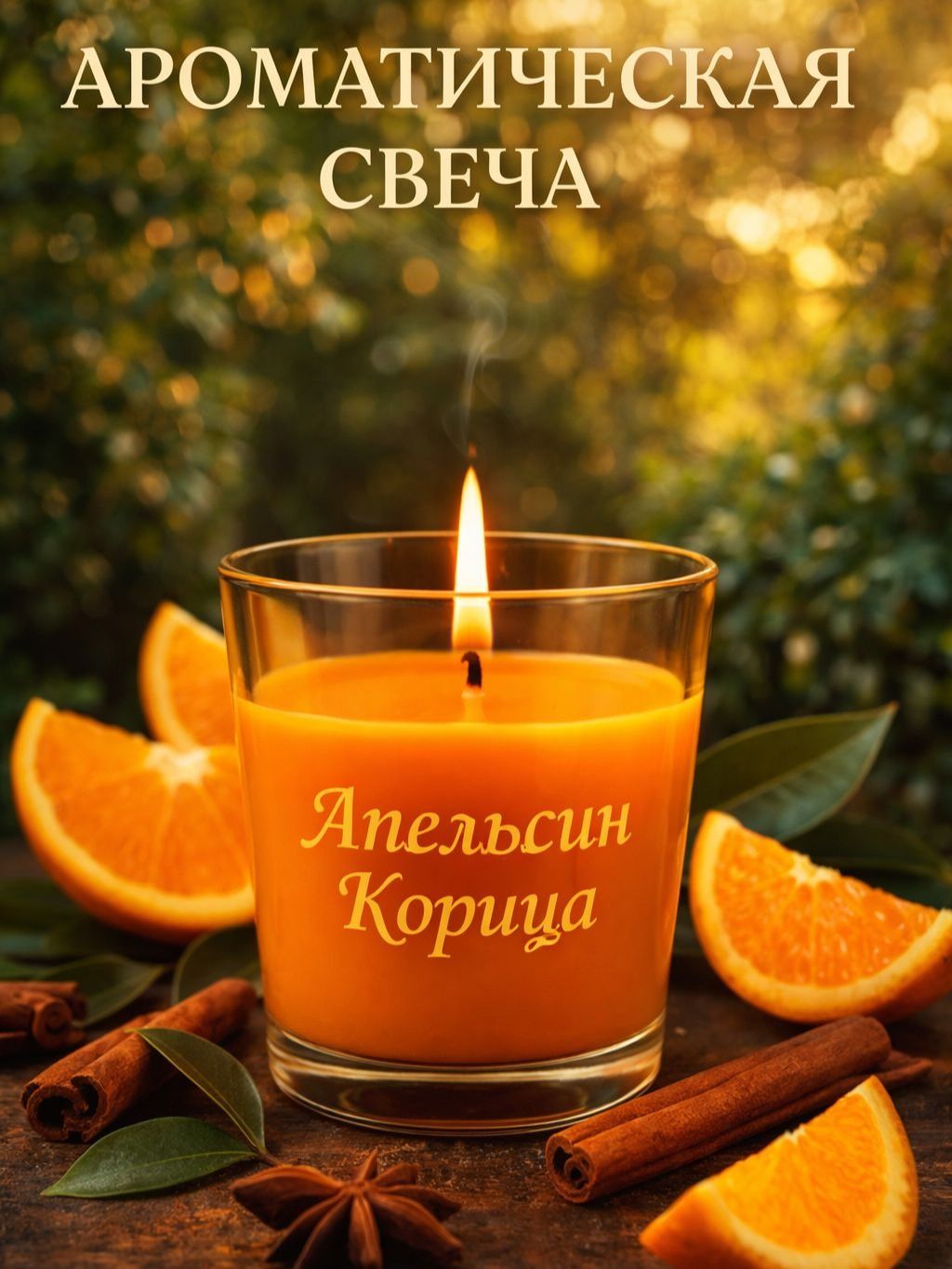 Свеча ароматическая для дома "Апельсин и корица" / парфюмерная свеча 8 см / оранжевая