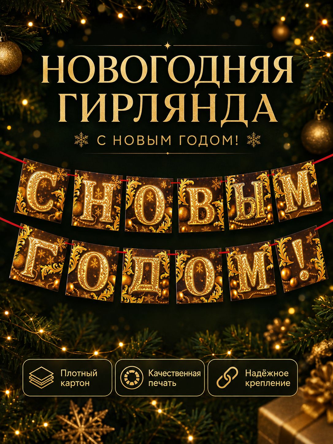 Гирлянда бумажная на ленте "С Новым годом" / Золотой / 200 см