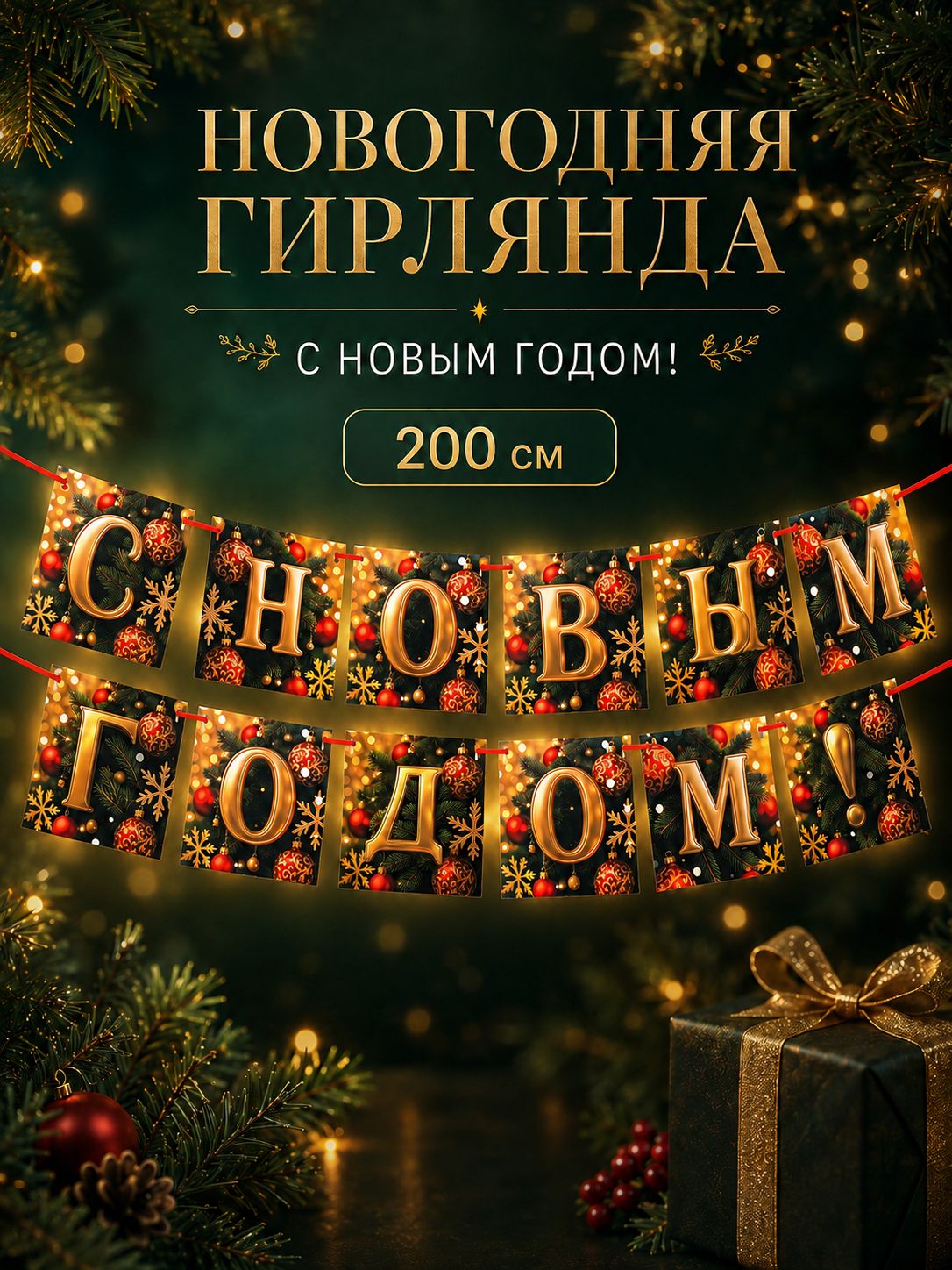 Гирлянда на ленте "С Новым Годом!", новогодняя, 200 см