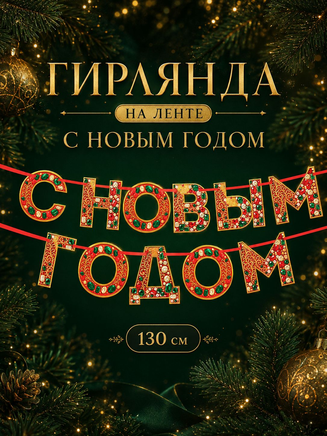 Гирлянда на ленте "С новым годом", драгоценности, 130 см