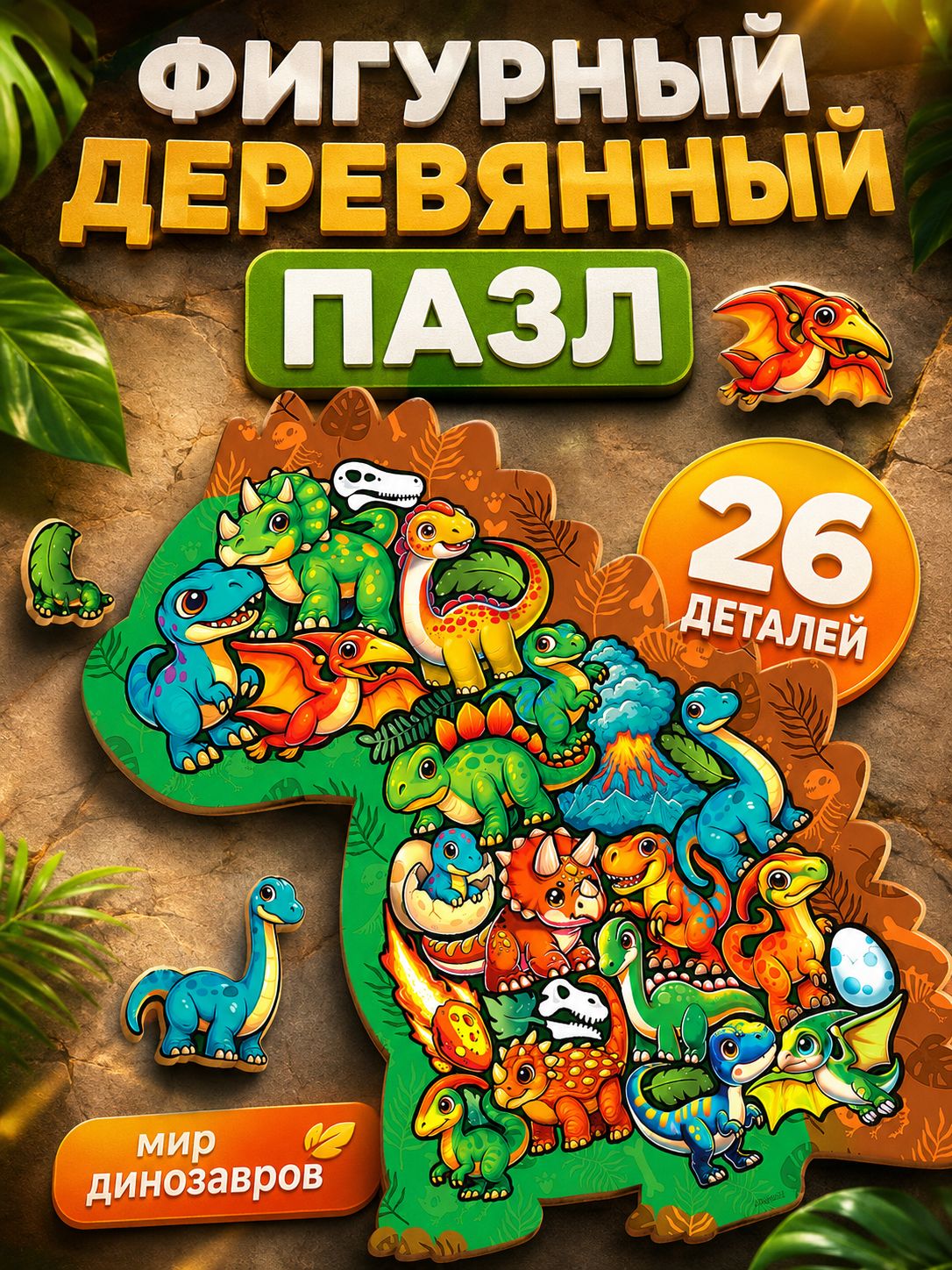 Пазл деревянный фигурный "Мир Динозавров", деревянные пазлы