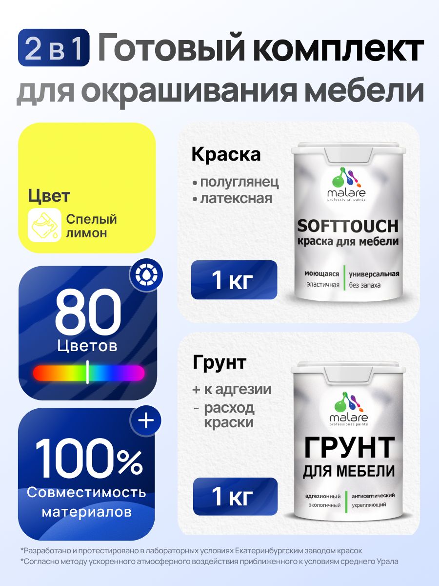 Комплект Malare SoftTouch для окрашивания мебели (1кг грунт + 1 кг краска), акриловый, без запаха, быстросохнущий, полуглянцевый, цвет спелый лимон