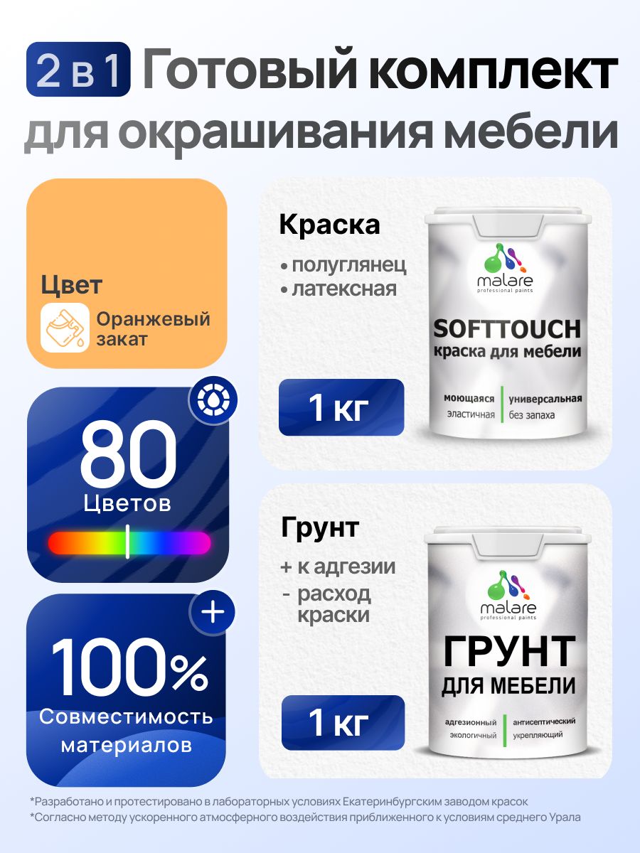 Комплект Malare SoftTouch для окрашивания мебели (1кг грунт + 1 кг краска), акриловый, без запаха, быстросохнущий, полуглянцевый, цвет оранжевый закат