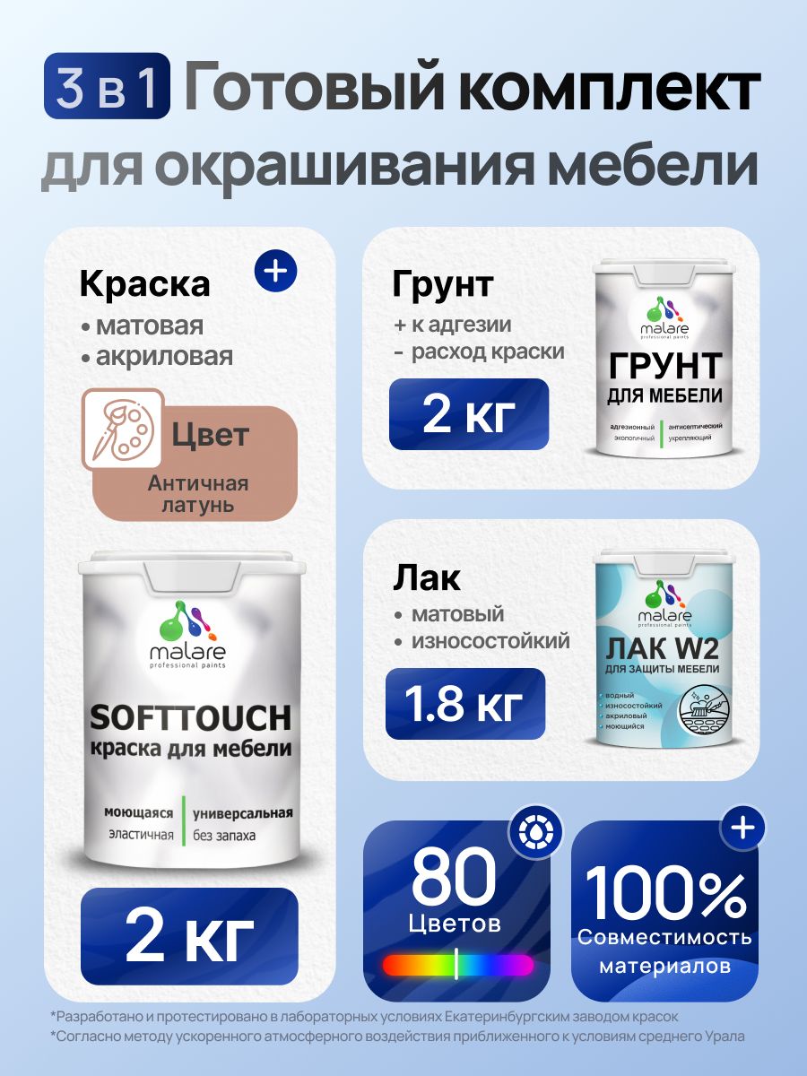 Комплект Malare SoftTouch для окрашивания мебели (2кг грунт + 2кг краска + 1.8кг лак), акриловый, без запаха, быстросохнущий, матовый, цвет античная латунь