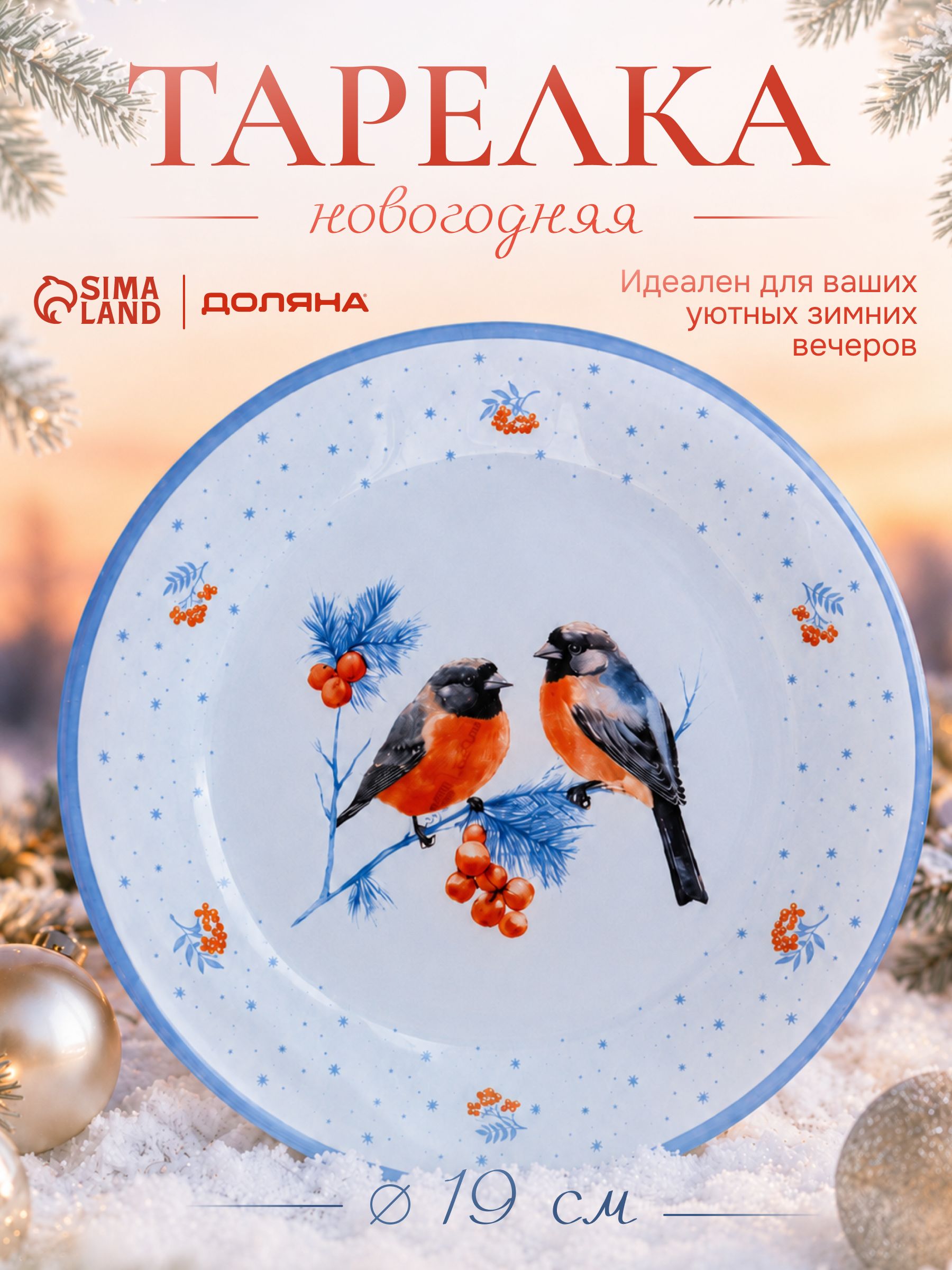 Тарелка новогодняя, 19 см, сервировочная, Доляна Снегири на ветке, стеклянная, в подарочной упаковке
