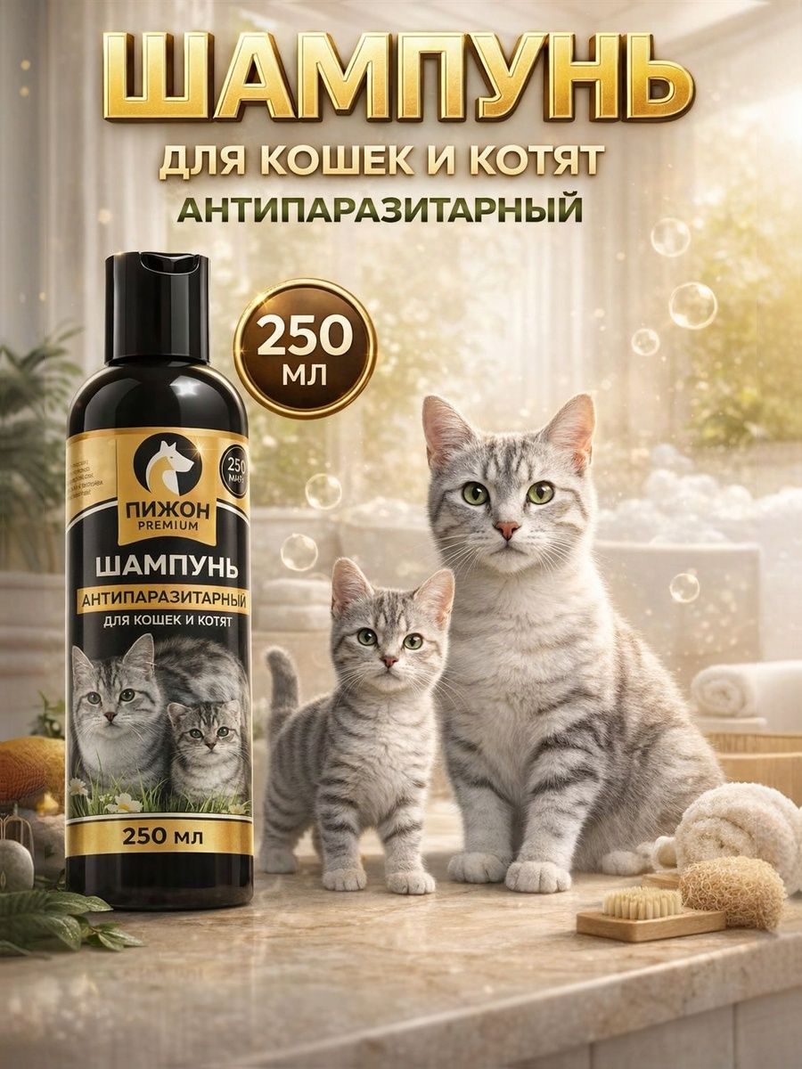 Шампунь для кошек "Пижон Premium" антипаразитарный для котят и кошек двойная защита, 250 мл