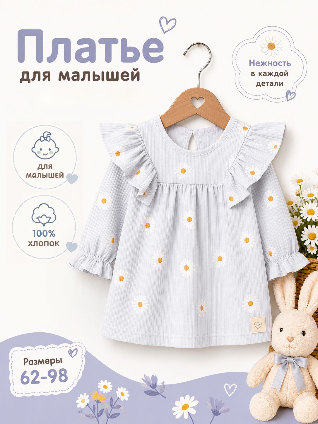 Платье для девочки Крошка Я Ромашка , детское платье с длинным рукавом и рюшами, серое, рост 92 98 см