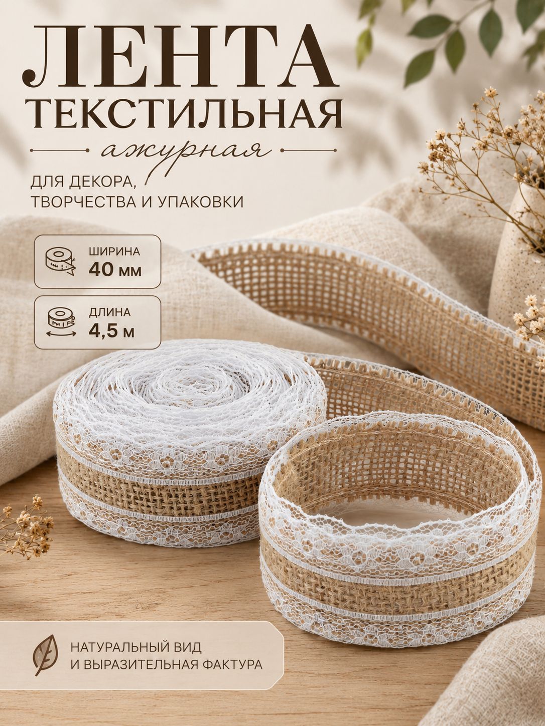 Лента для упаковки подарков, лента из мешковины, с кружевом, 40 мм