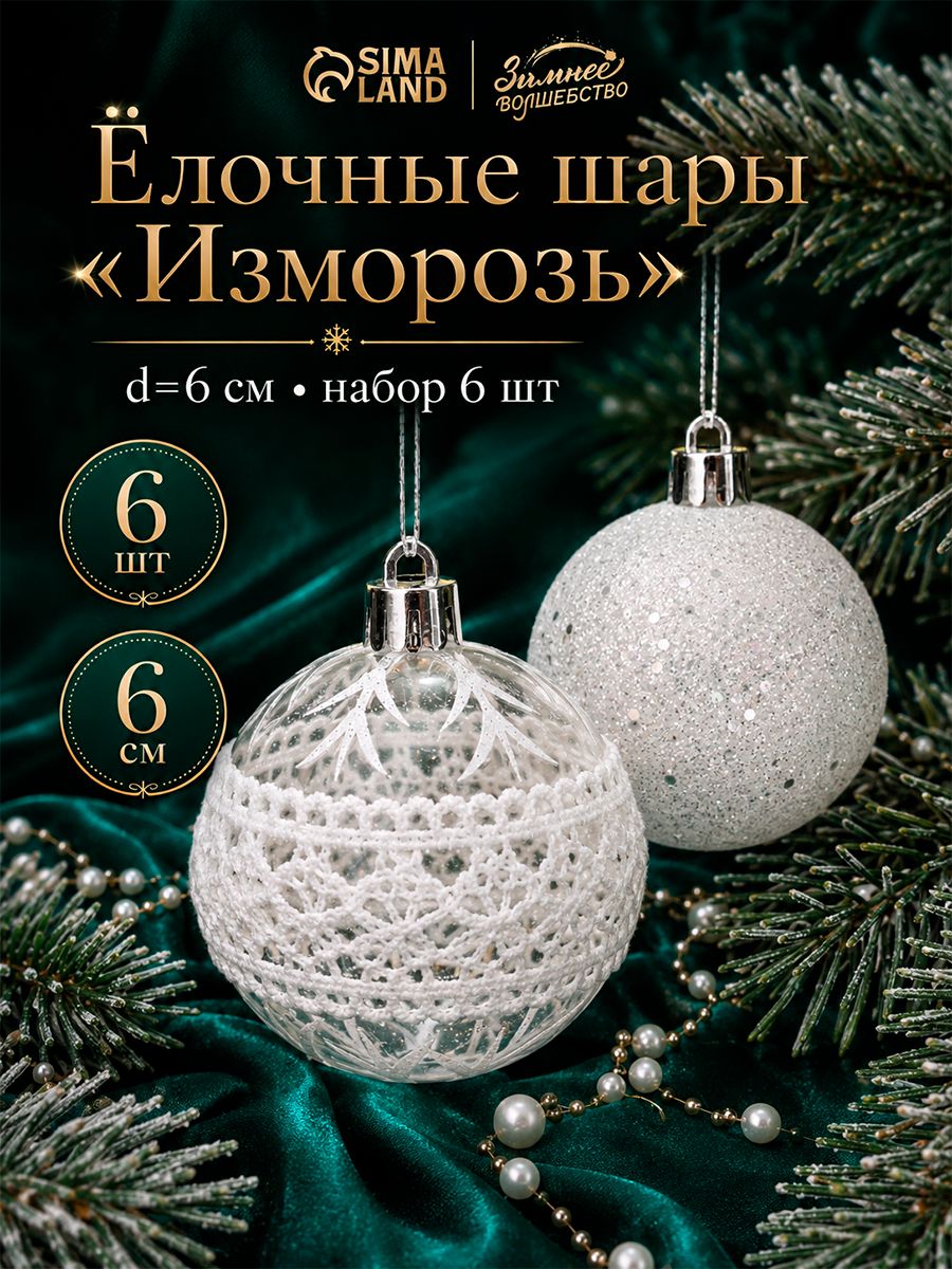 Елочные шары игрушки набор из 6 шт, 6 см / Подвесные украшения на елку новогодние / Набор елочных украшений