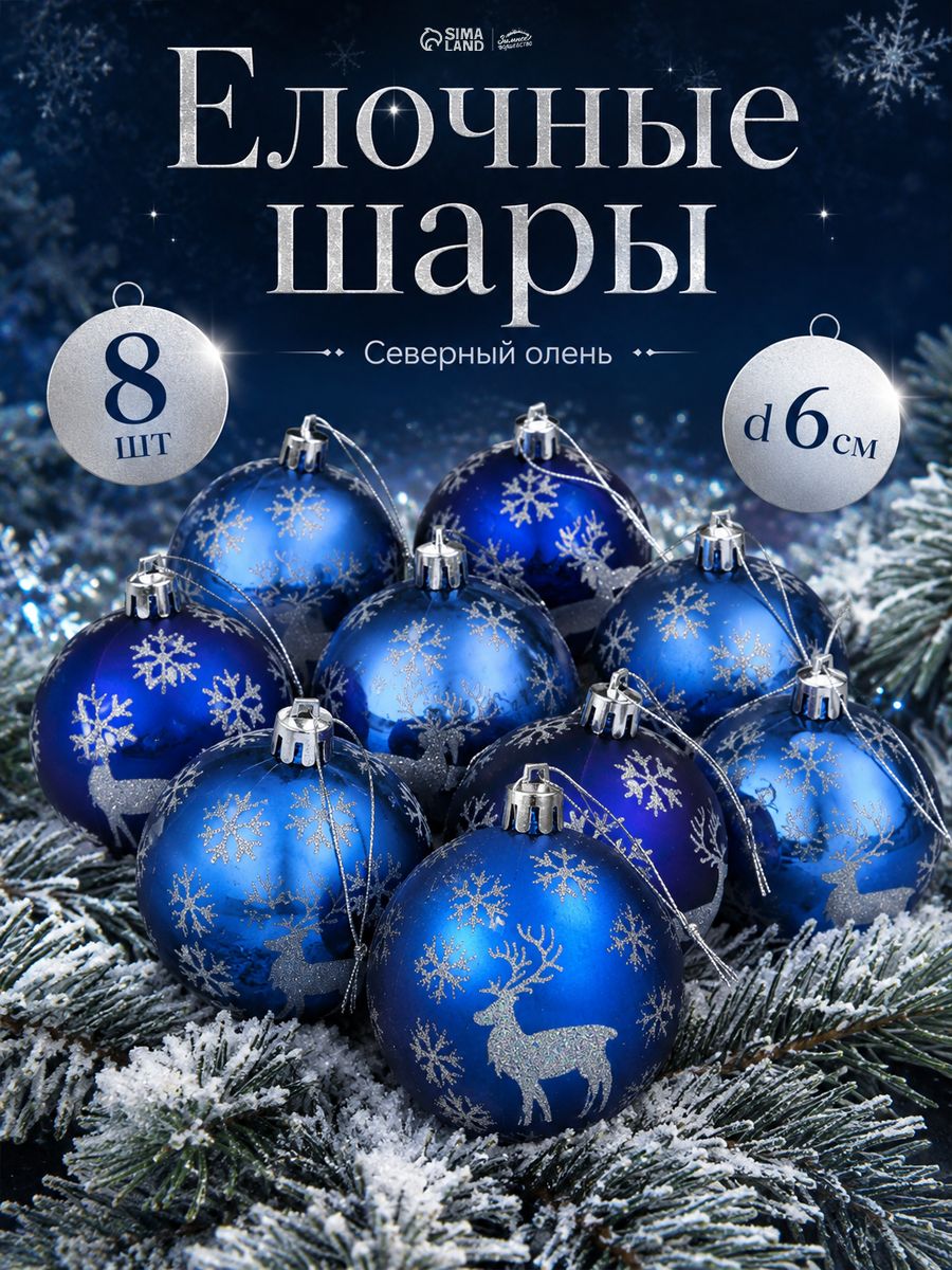 Елочные шары игрушки набор из 8 шт, 6 см, синие / Набор елочных украшений