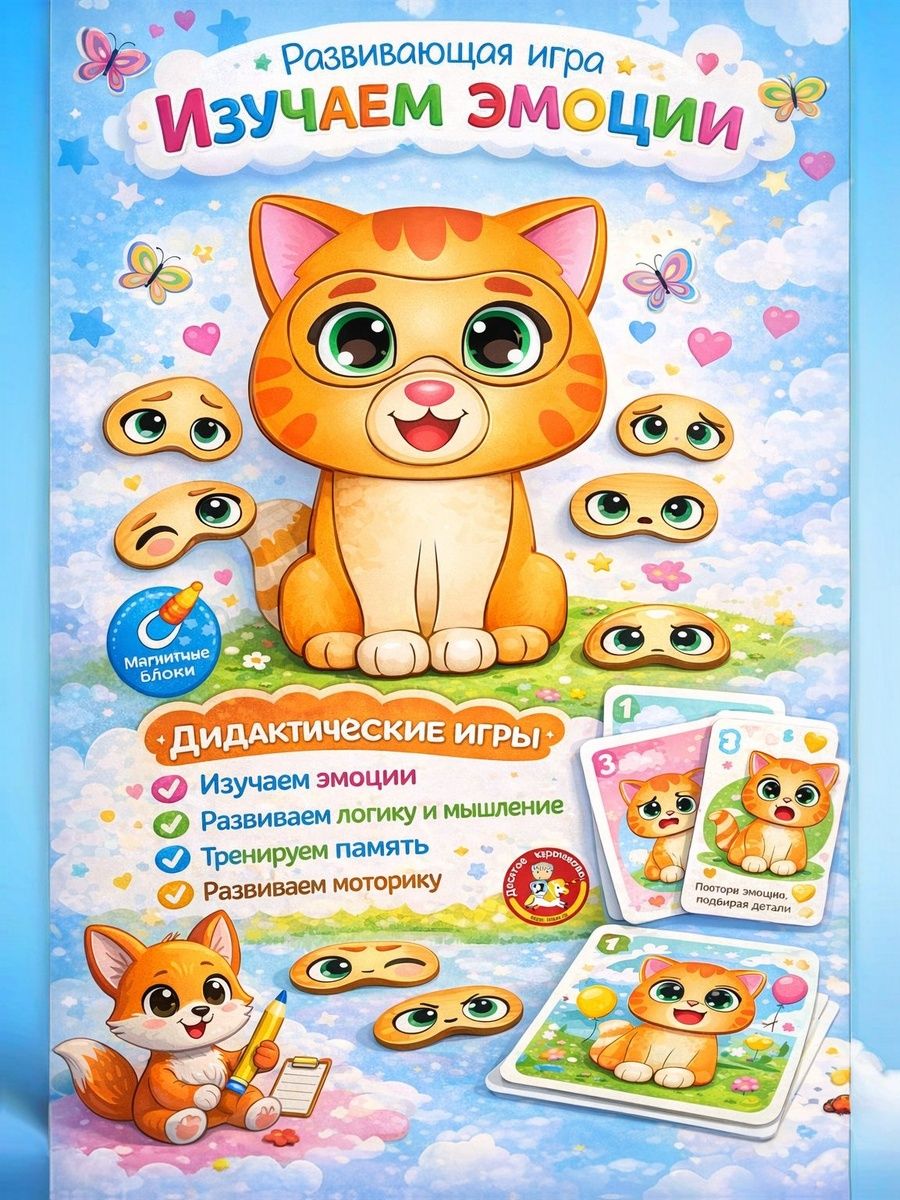 Развивающие игры от 3 лет, "Изучаем эмоции с котёнком", деревянная, дидактические игры