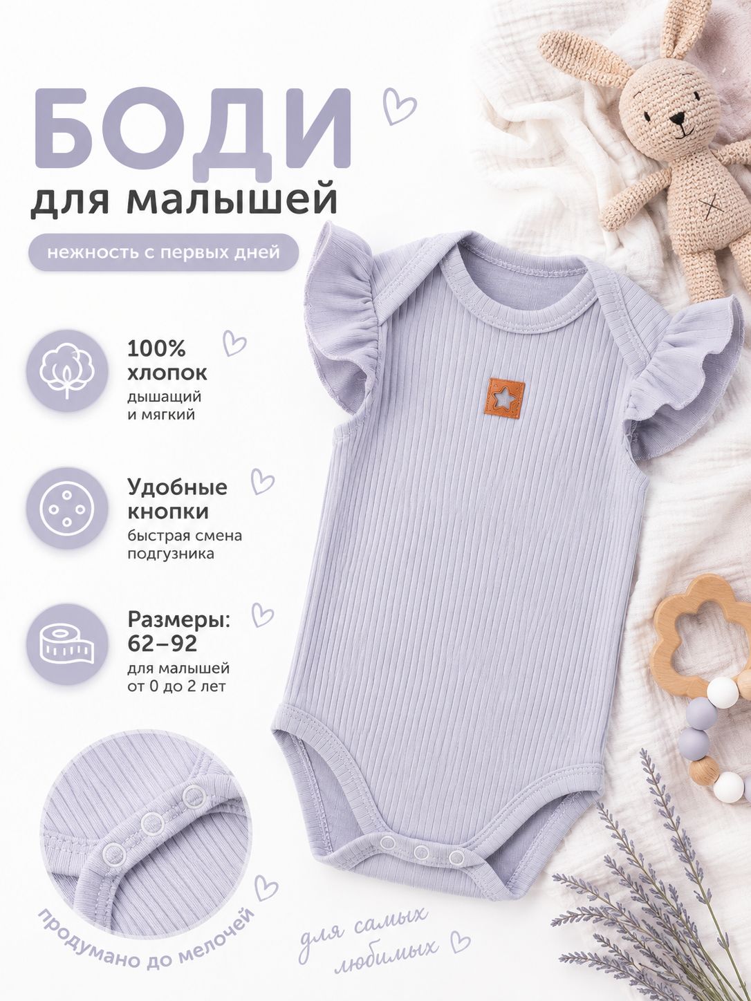 Боди для новорожденных девочек, Крошка Я 80-86, с рюшами