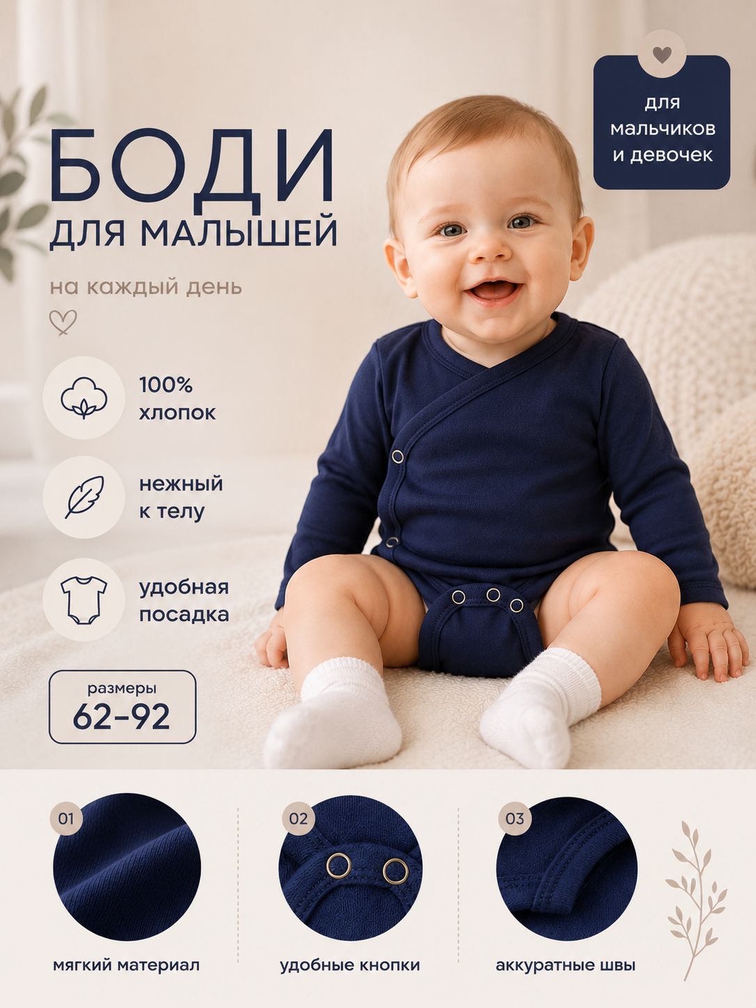 Боди детское для мальчиков для девочек MINAKU темно-синий, рост 80-86 см