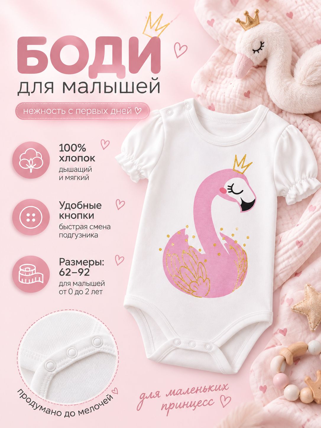 Боди для малышей 68-74 Крошка Я, для девочек, белый фламинго