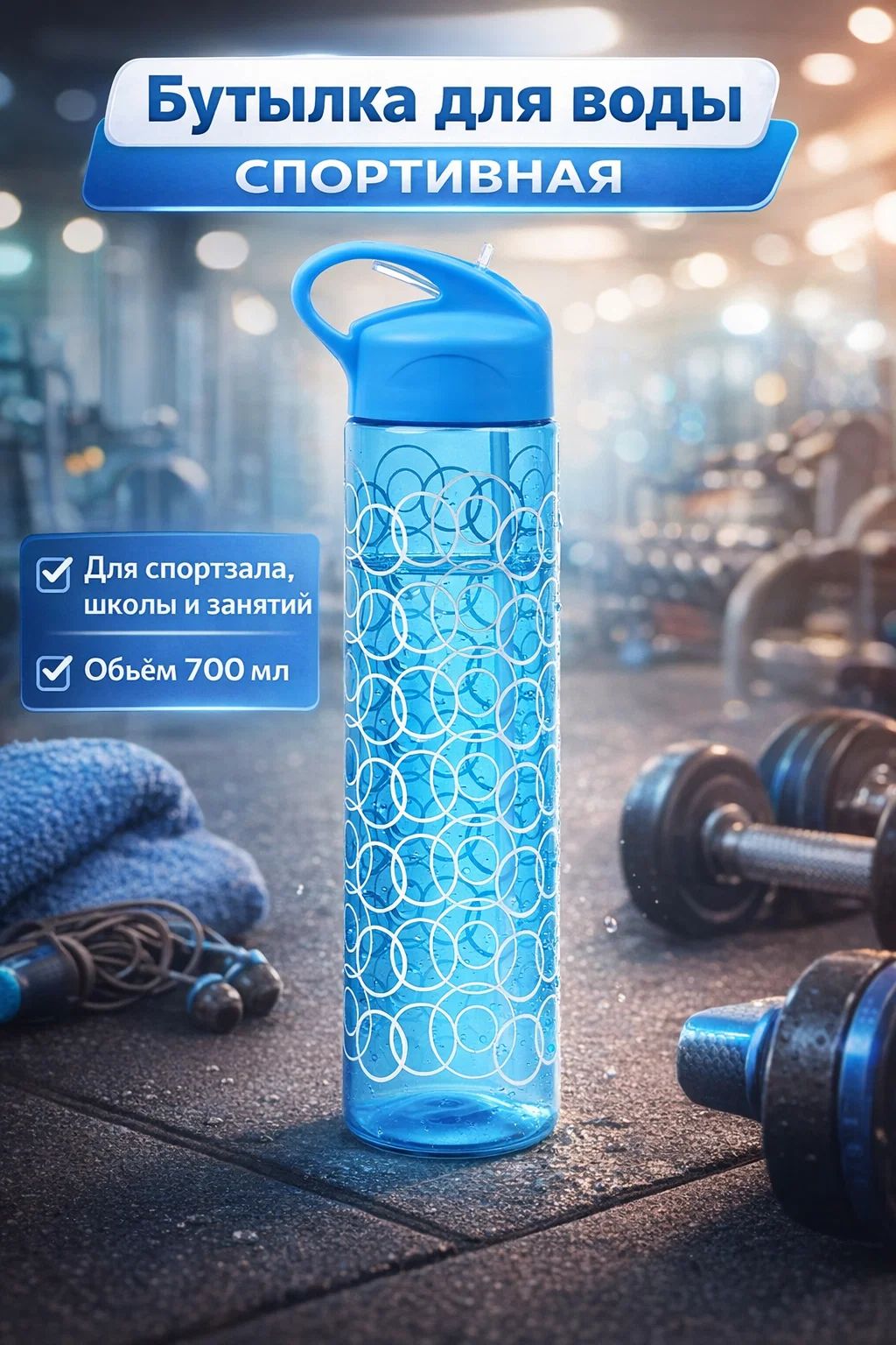 Спортивная бутылка для воды 700 мл, с трубочкой