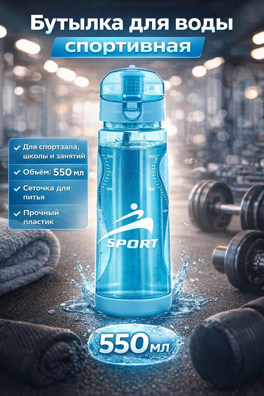 Спортивная бутылка для воды 550 мл, с ситечком