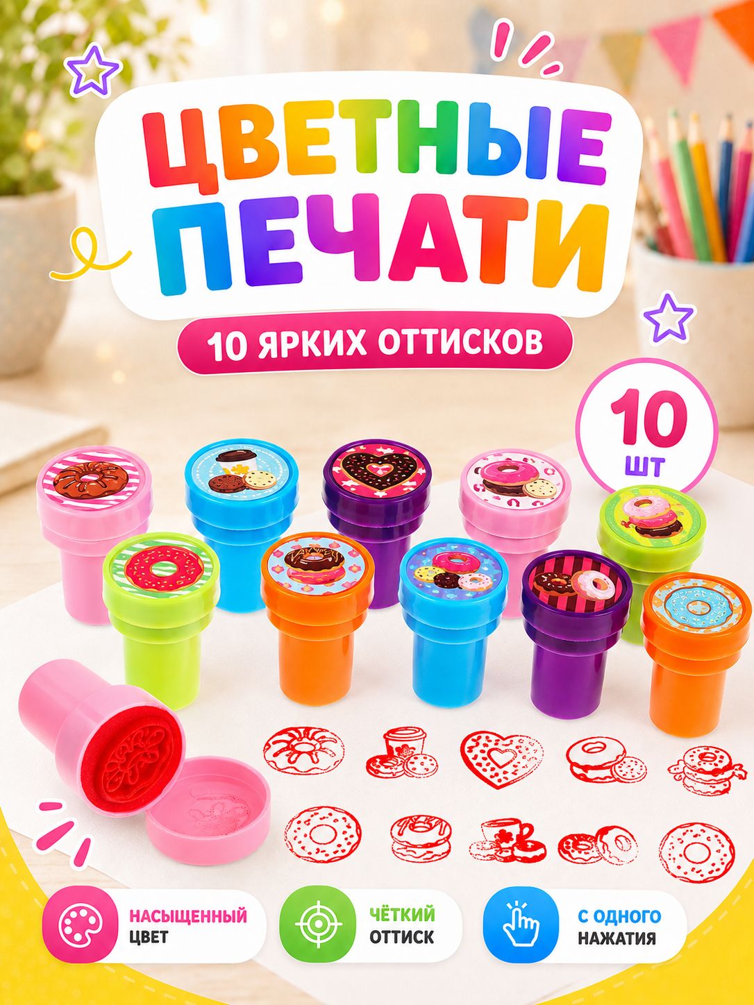 Печать детская / цветные штампики для детей 10 штук / "Пончики"