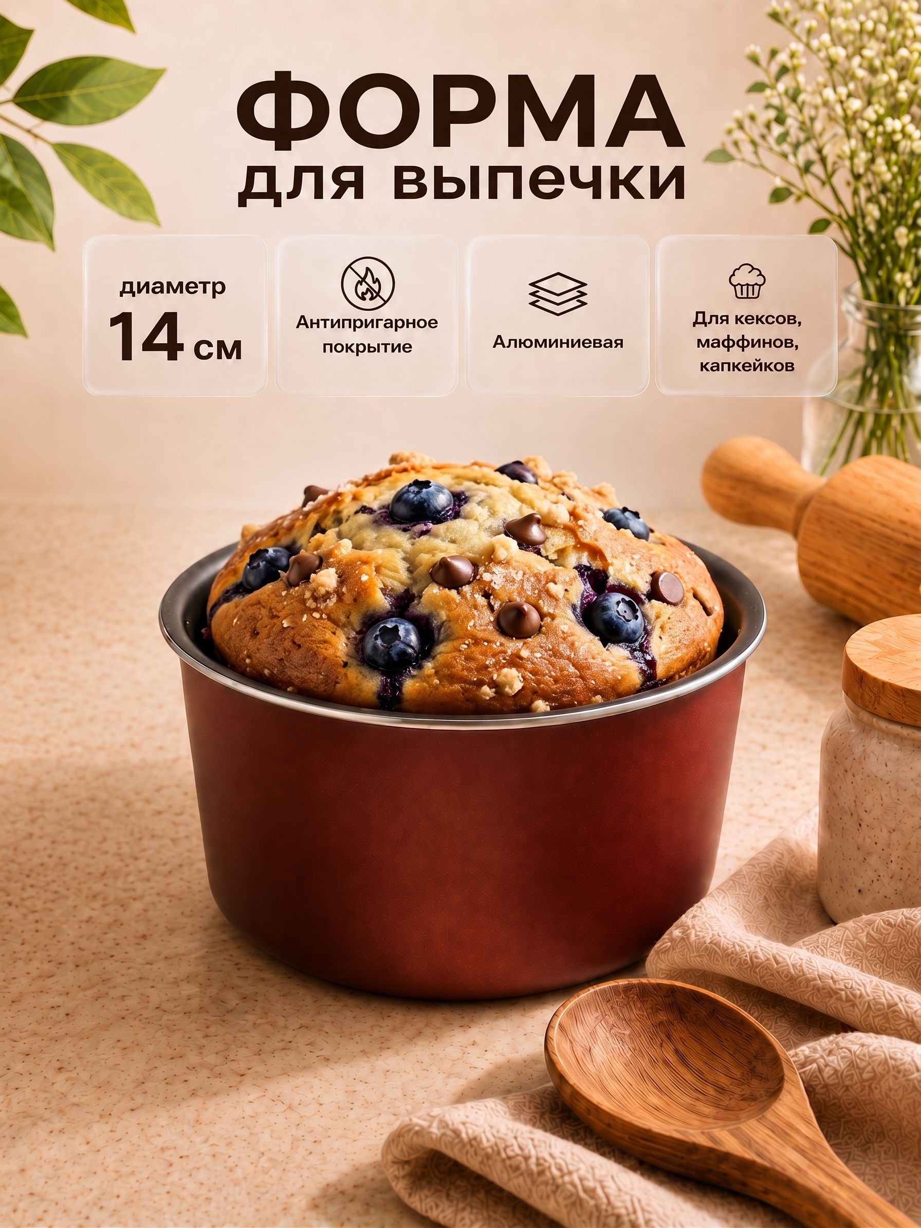 Форма для выпечки, диаметр 14 см, антипригарное покрытие, цвет бордовый