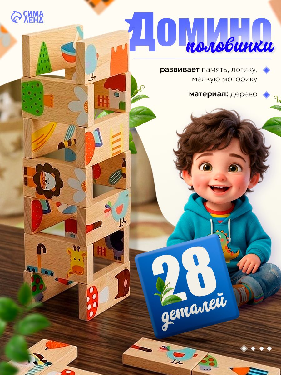 Домино детское деревянное / развивающие игрушки / "Половинки"