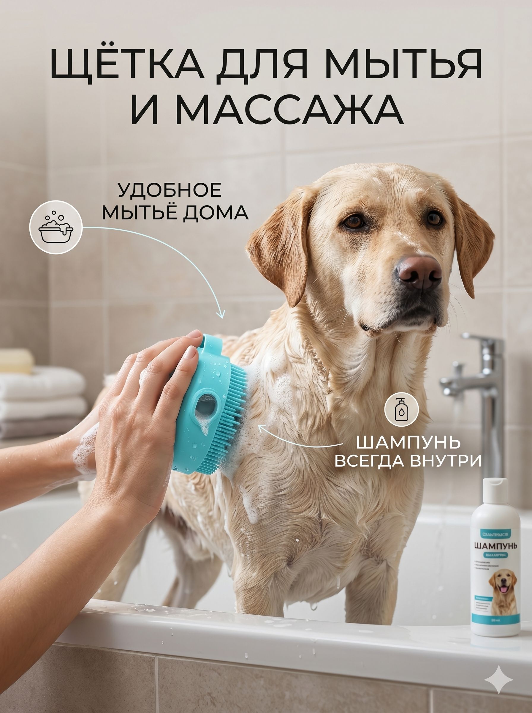 Щётка для мытья и массажа животных, с ёмкостью для шампуня, пластик, бирюзовая