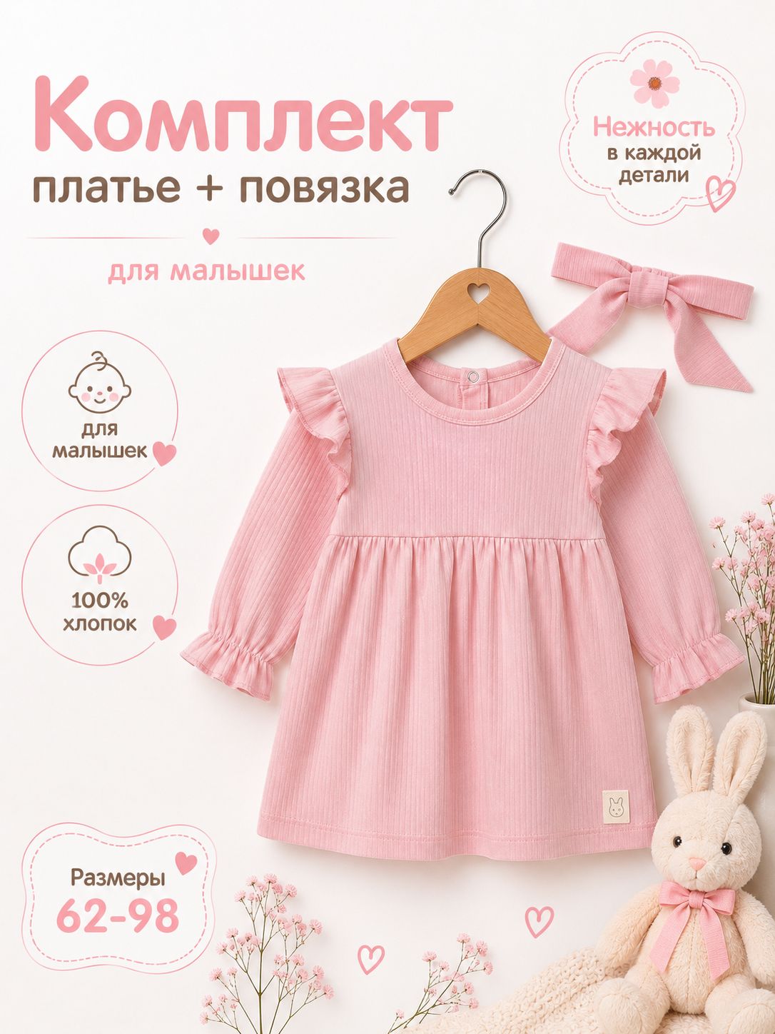 Платье для девочки с повязкой Крошка Я 68-74, детское платье для малышей хлопок, с длинным рукавом