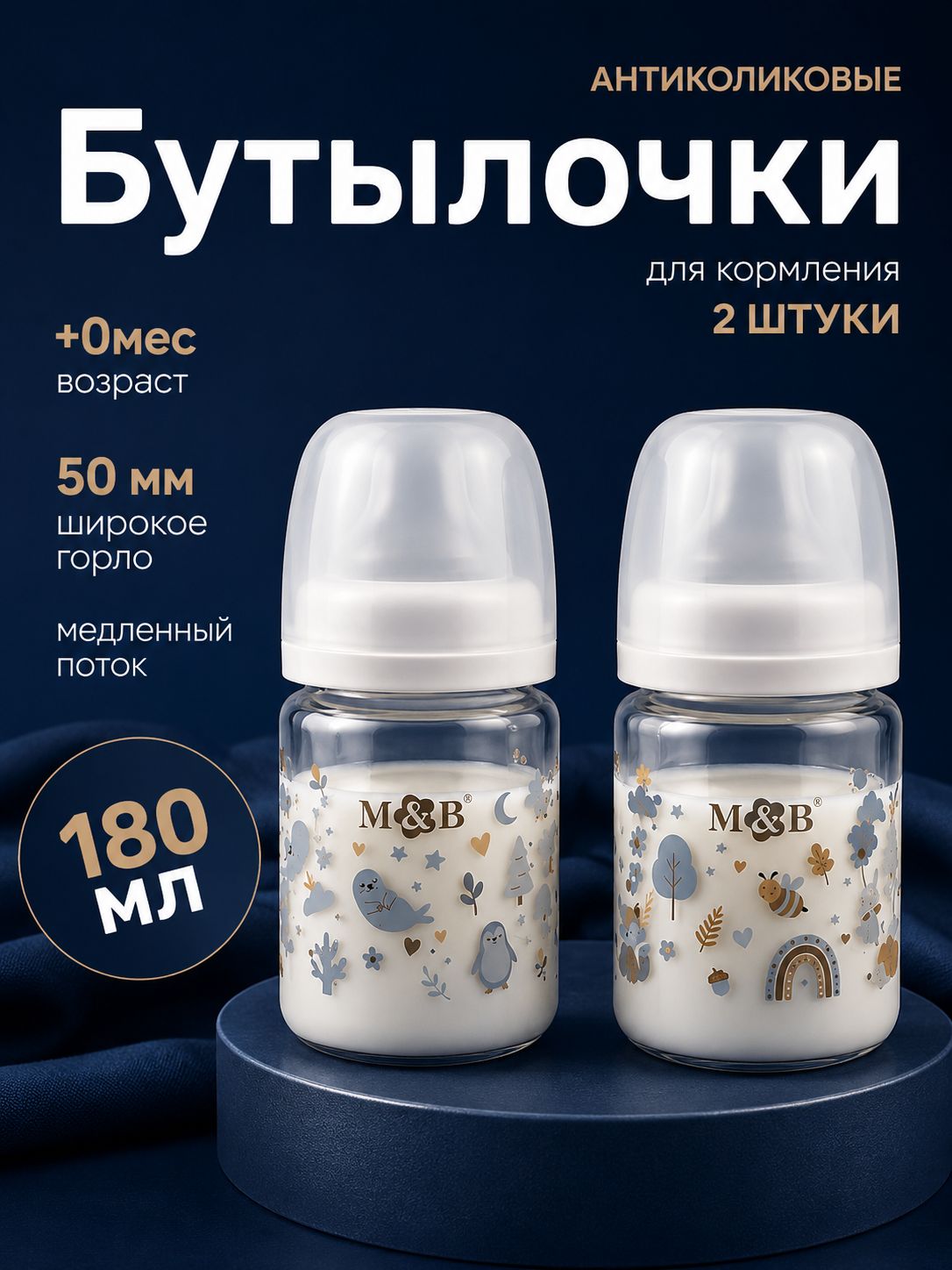 Бутылочка для кормления / бутылочка для новорожденных / набор из 2 штук, широкое горло, 180 мл.