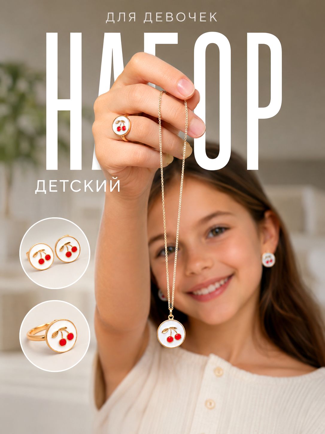 Детский набор украшений Вишня, 3 предмета: кулон, кольцо и серьги, бижутерия для девочек