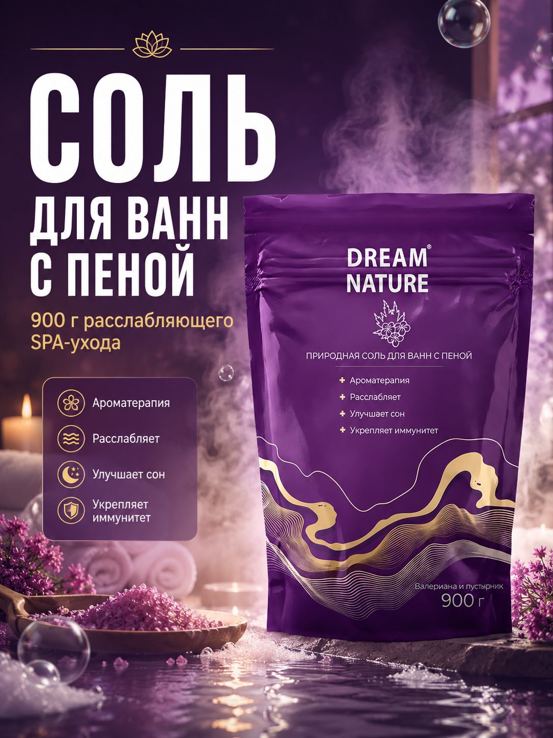 Соль для ванны, с пеной Dream Nature 900 г