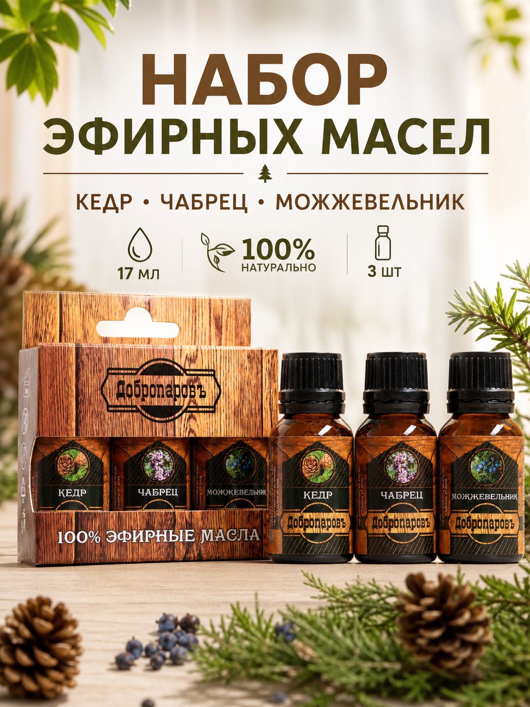Набор эфирных масел, 3шт по 17мл / Эфирное масло "Кедр, Чабрец, Можжевельник"