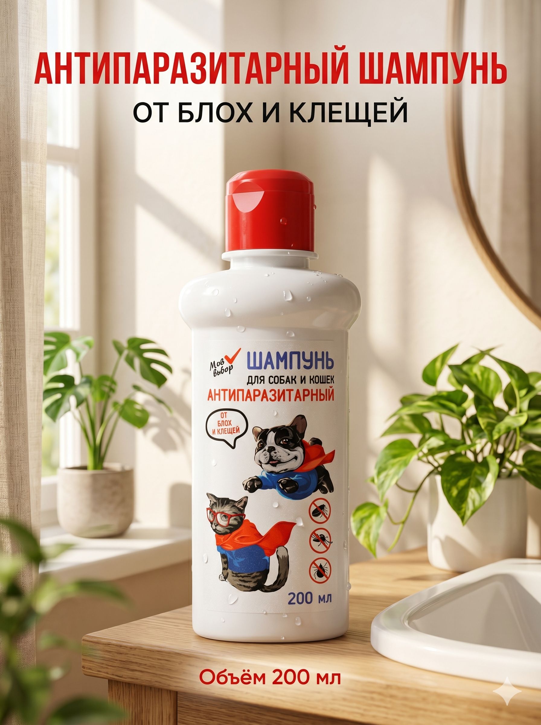 Шампунь для собак и кошек от блох и клещей, 200 мл
