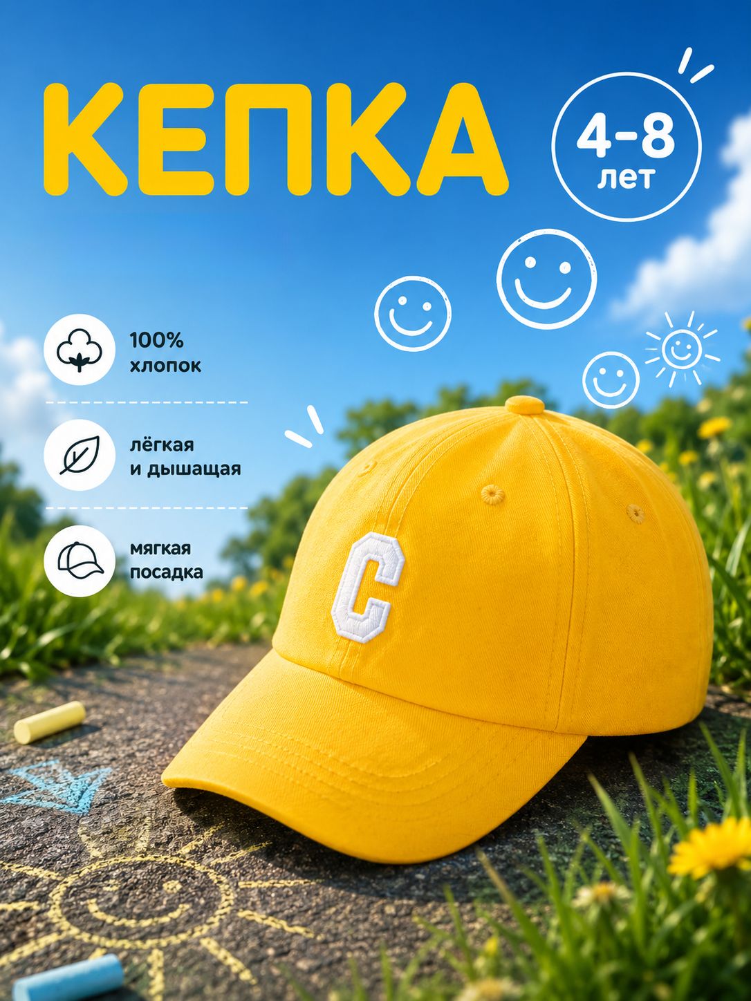Кепка детская MINAKU для мальчика и девочки, 100% хлопок, жёлтая, размер 52 54