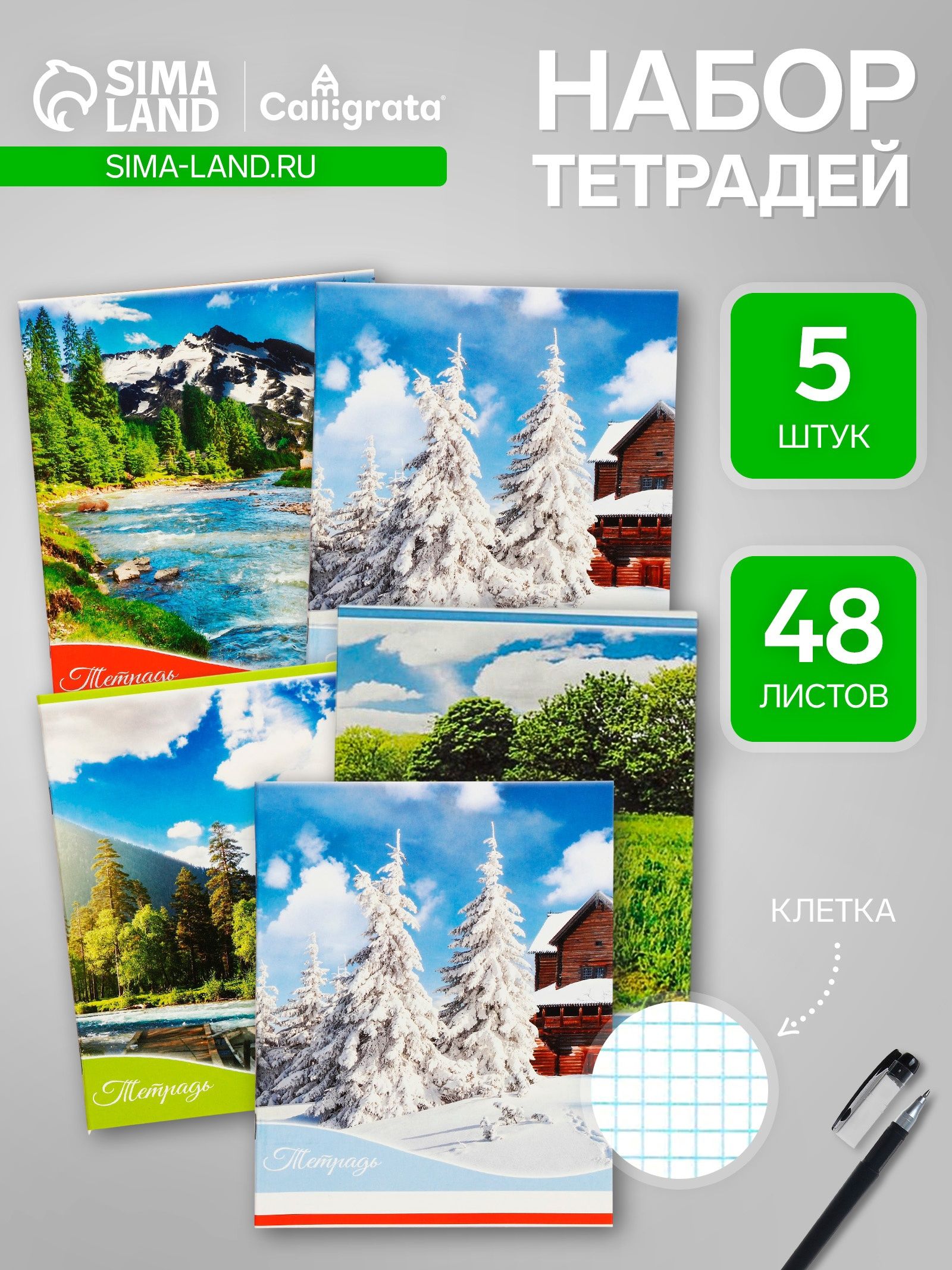 Комплект тетрадей 5 штук, 48 листов в клетку Calligrata Времена года , обложка мелованный картон, блок офсет