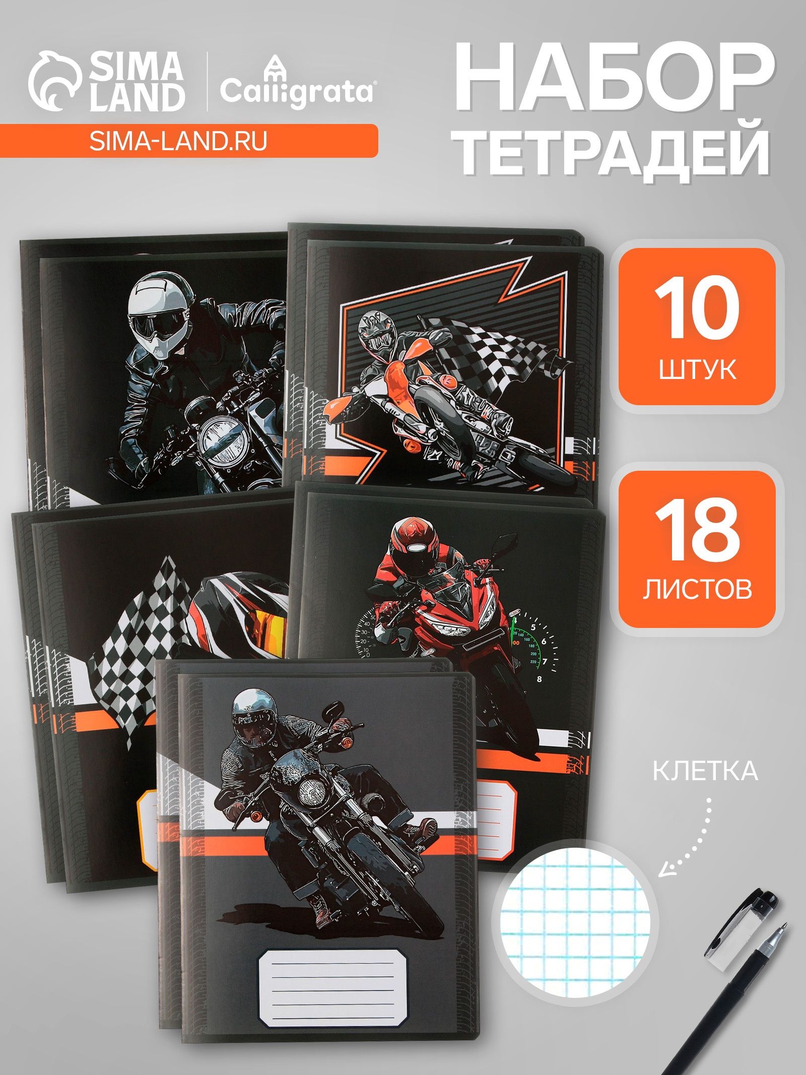 Комплект тетрадей из 10 штук, 18 листов в клетку Calligrata Racing, обложка мелованная бумага, ВД-лак, блок офсет, 5 видов по 2 штуки