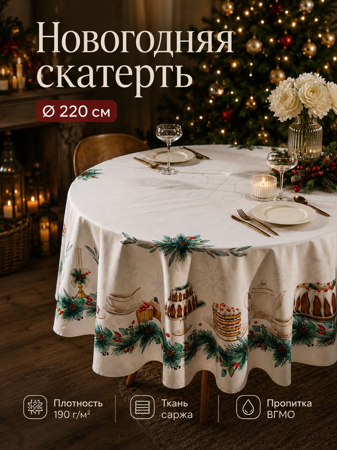 Скатерть новогодняя на стол круглая, 220х220 см, New Years treat, Саржа 190 г/м