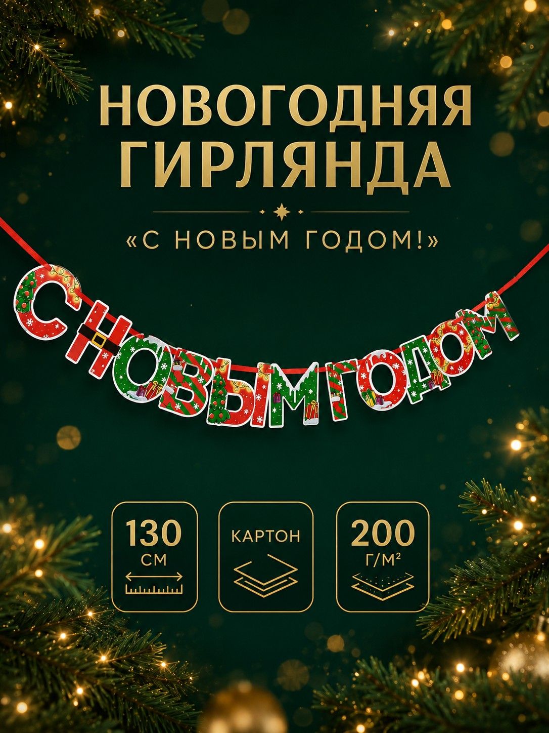 Гирлянда на ленте новогодняя С Новым годом! / Гирлянда бумажная / Подарки / 130 см