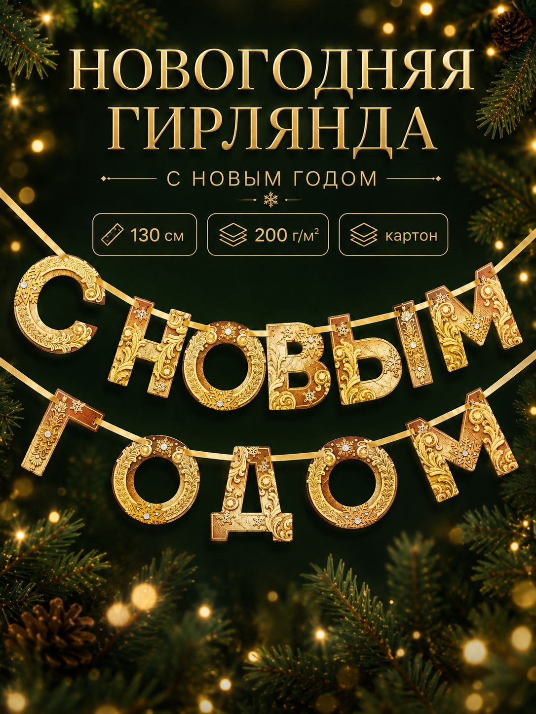 Гирлянда на ленте новогодняя С Новым годом! / Гирлянда бумажная / Золото / 130 см