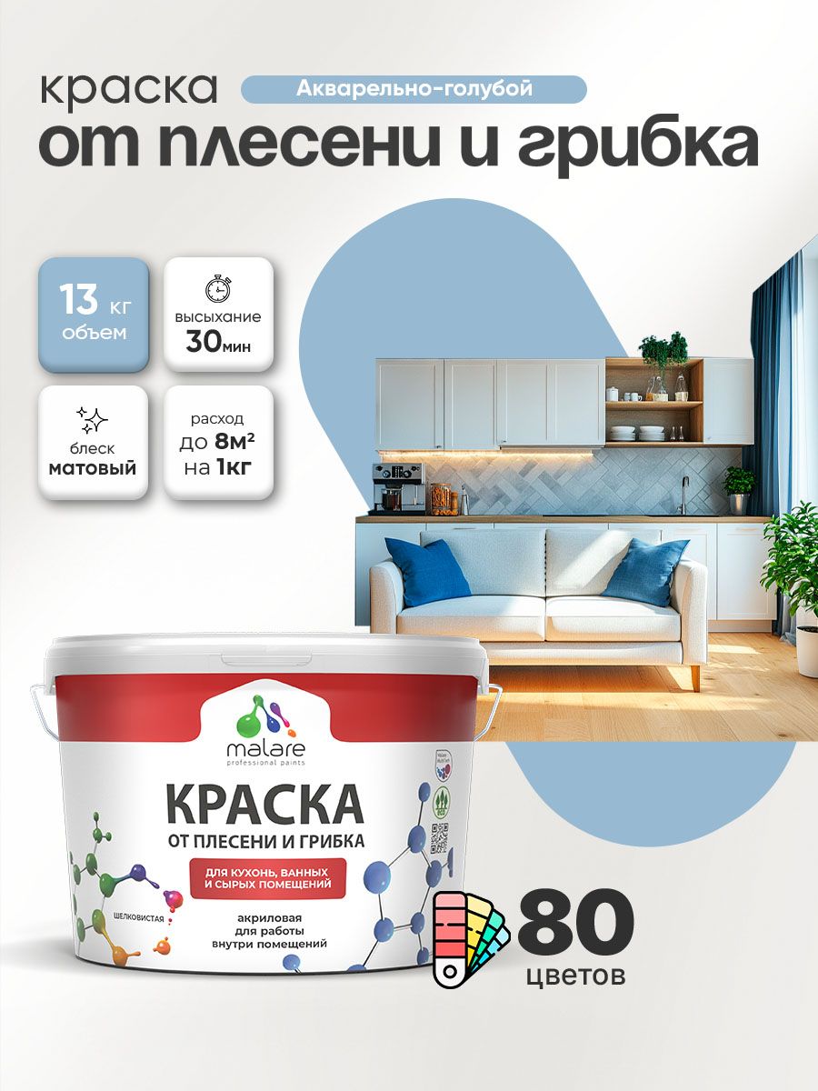 Влагостойкая краска от плесени и грибка Malare Professional акриловая для кухни, ванной комнаты, для сырых помещений, быстросохнущая без запаха, акварельно-голубой, (9л - 13кг)