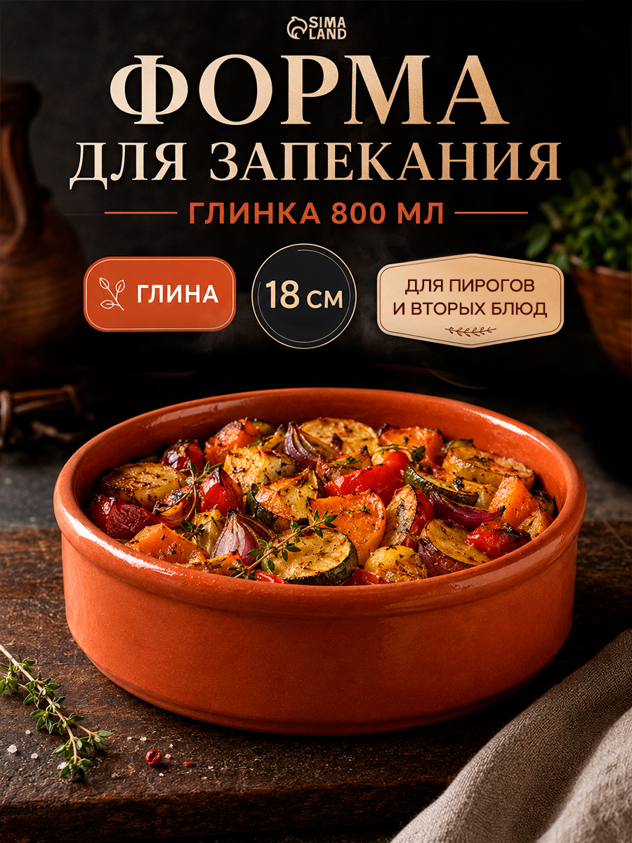 Форма для запекания "Глинка", объем 800 мл, цвет оранжевый
