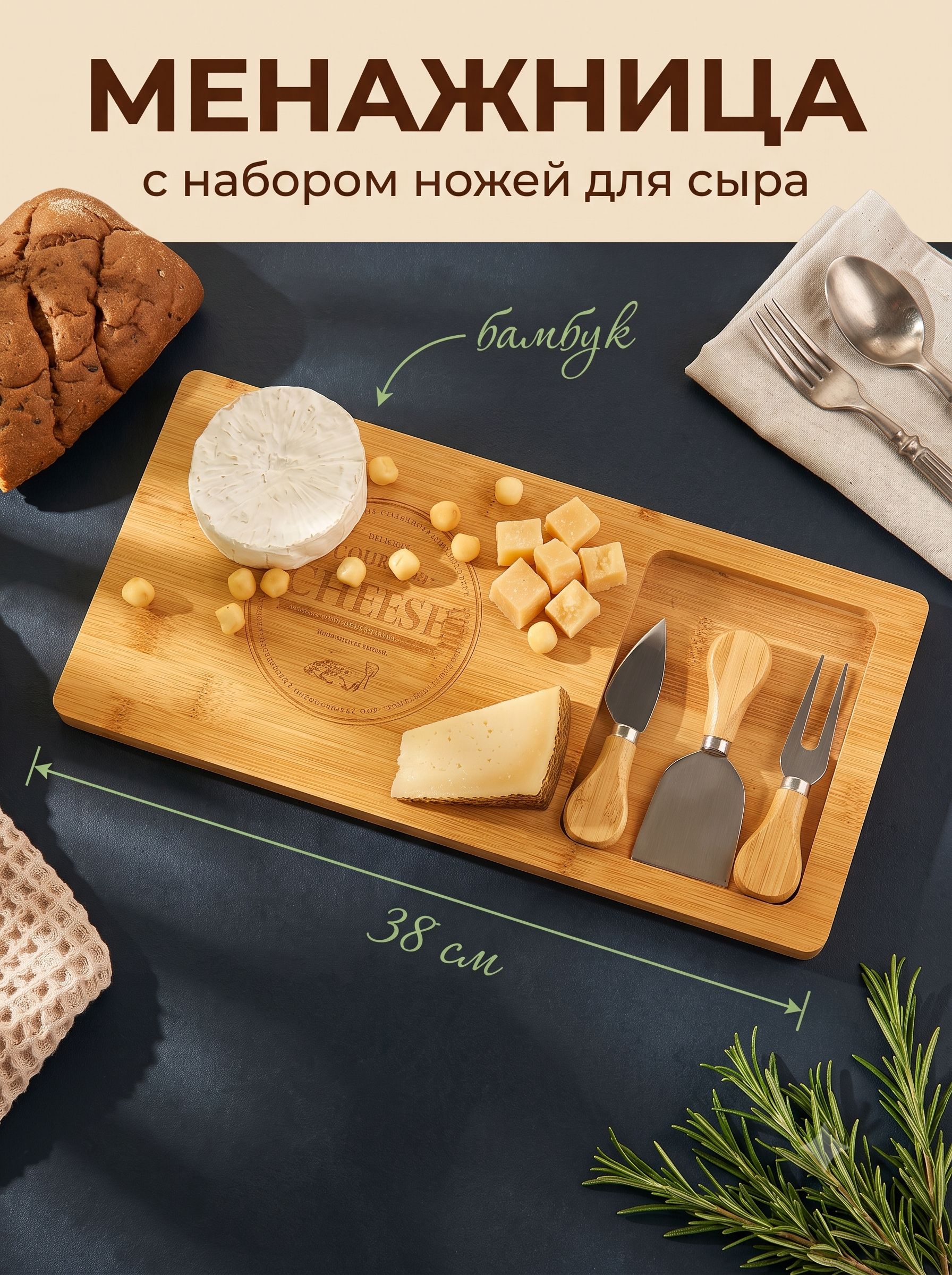 Менажница деревянная , 38 см, с ножами для сыра, бамбук, Доляна Cheese