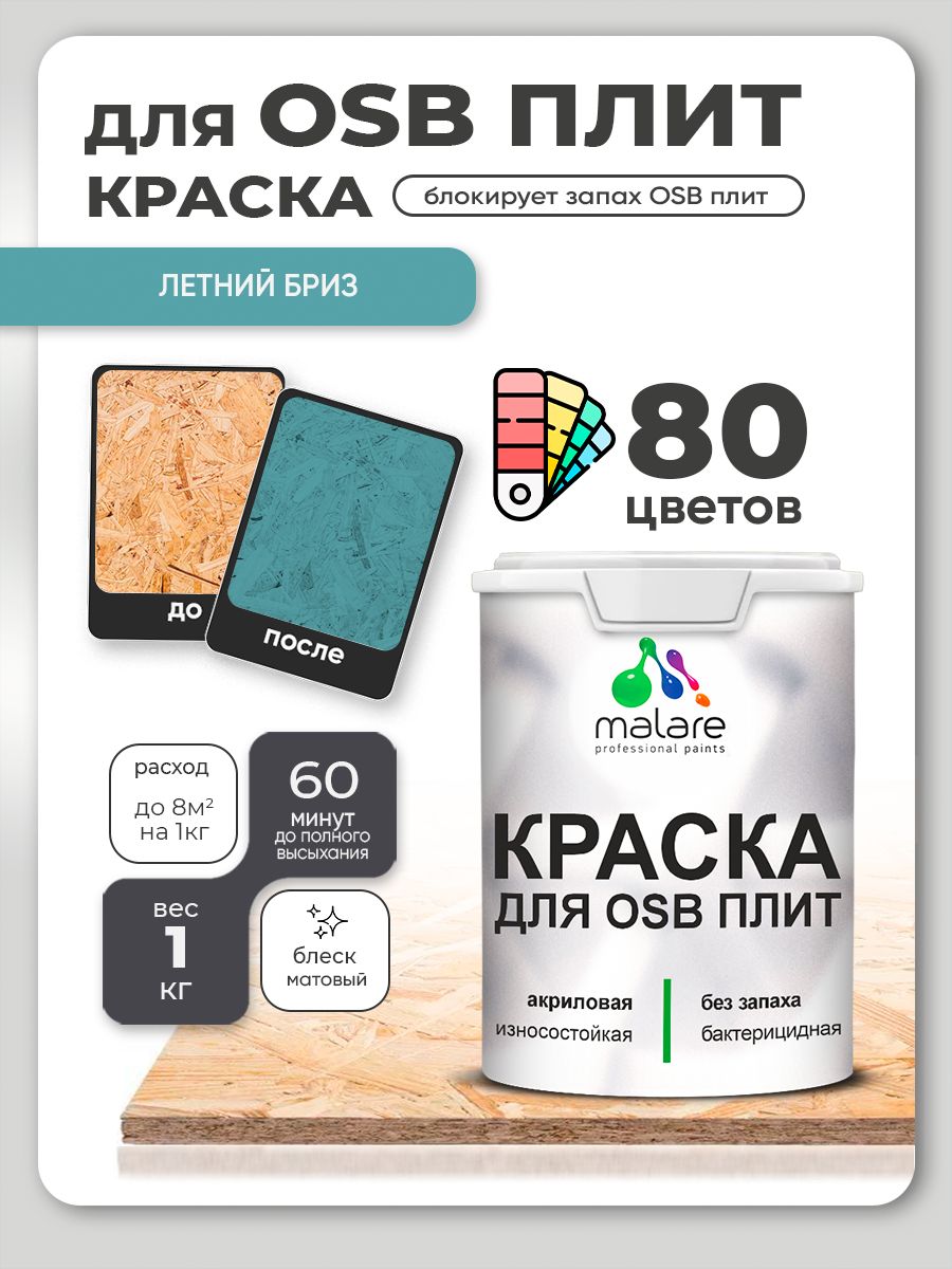 Акриловая краска для ОСБ плит Malare для дерева для наружных и внутренних работ, быстросохнущая без запаха матовая, летний бриз, 1 кг