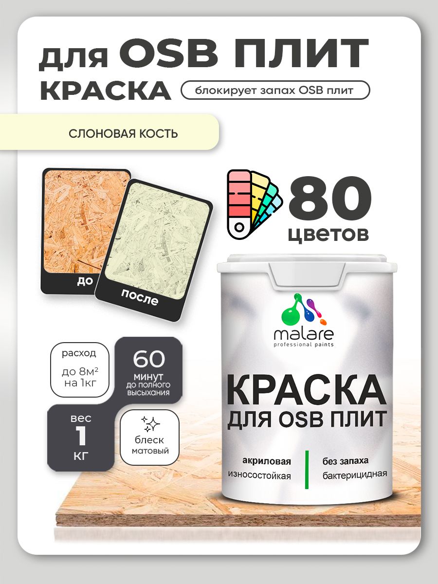 Акриловая краска для ОСБ плит Malare для дерева для наружных и внутренних работ, быстросохнущая без запаха матовая, слоновая кость, 1 кг