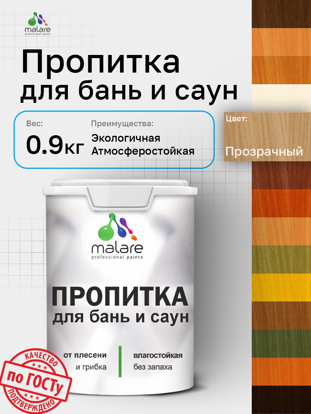 Пропитка профессиональная Malare для бань и саун, от плесени и грибка с антисептическим эффектом, быстросохнущая, акриловая без запаха, бесцветный, 0,9 кг.